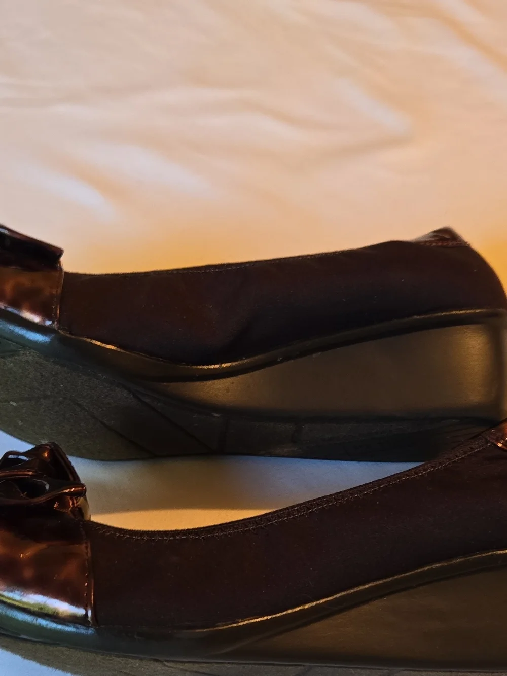 Anne Klein Black Wedge Flats with Glossy Bow Accent